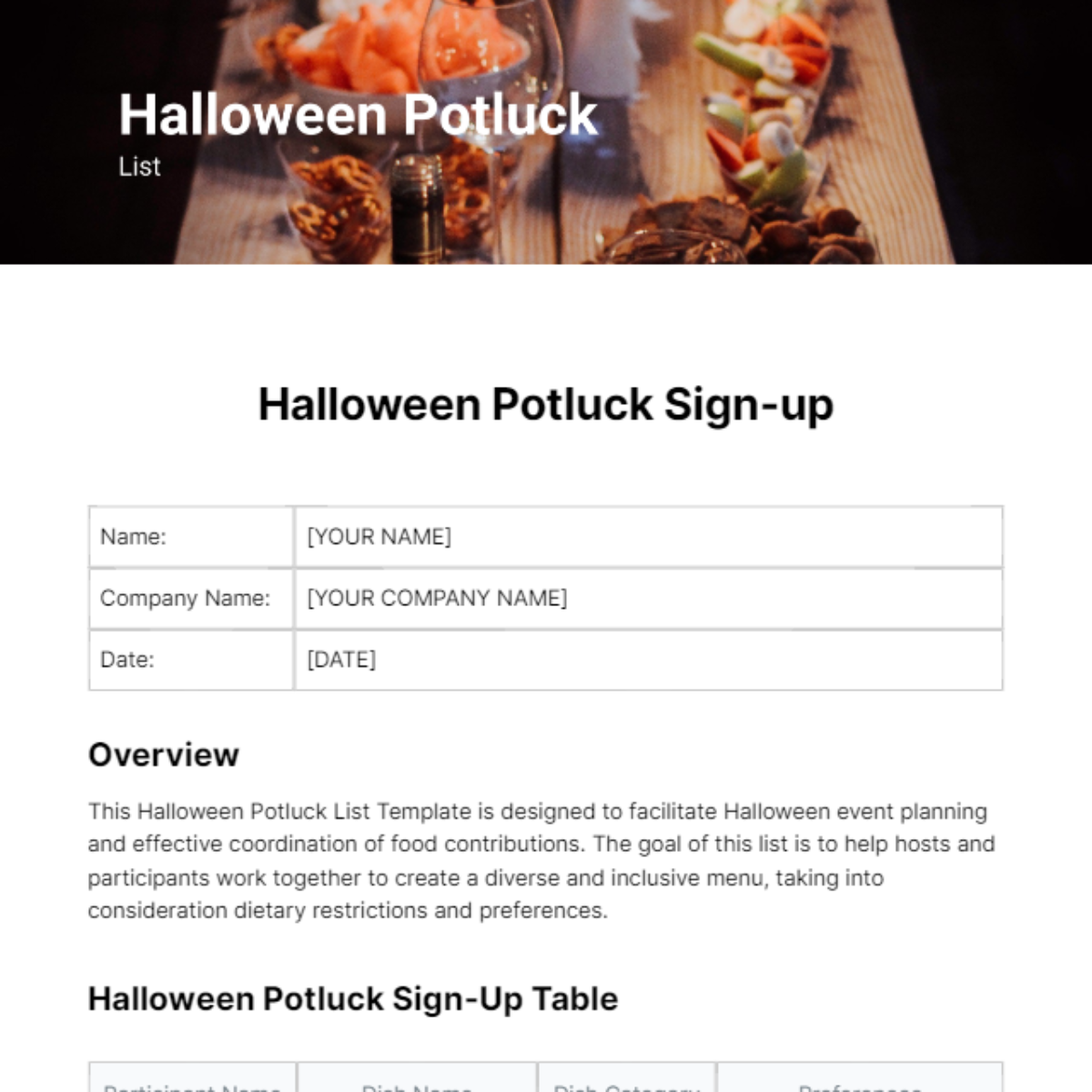 Halloween potluck list Template