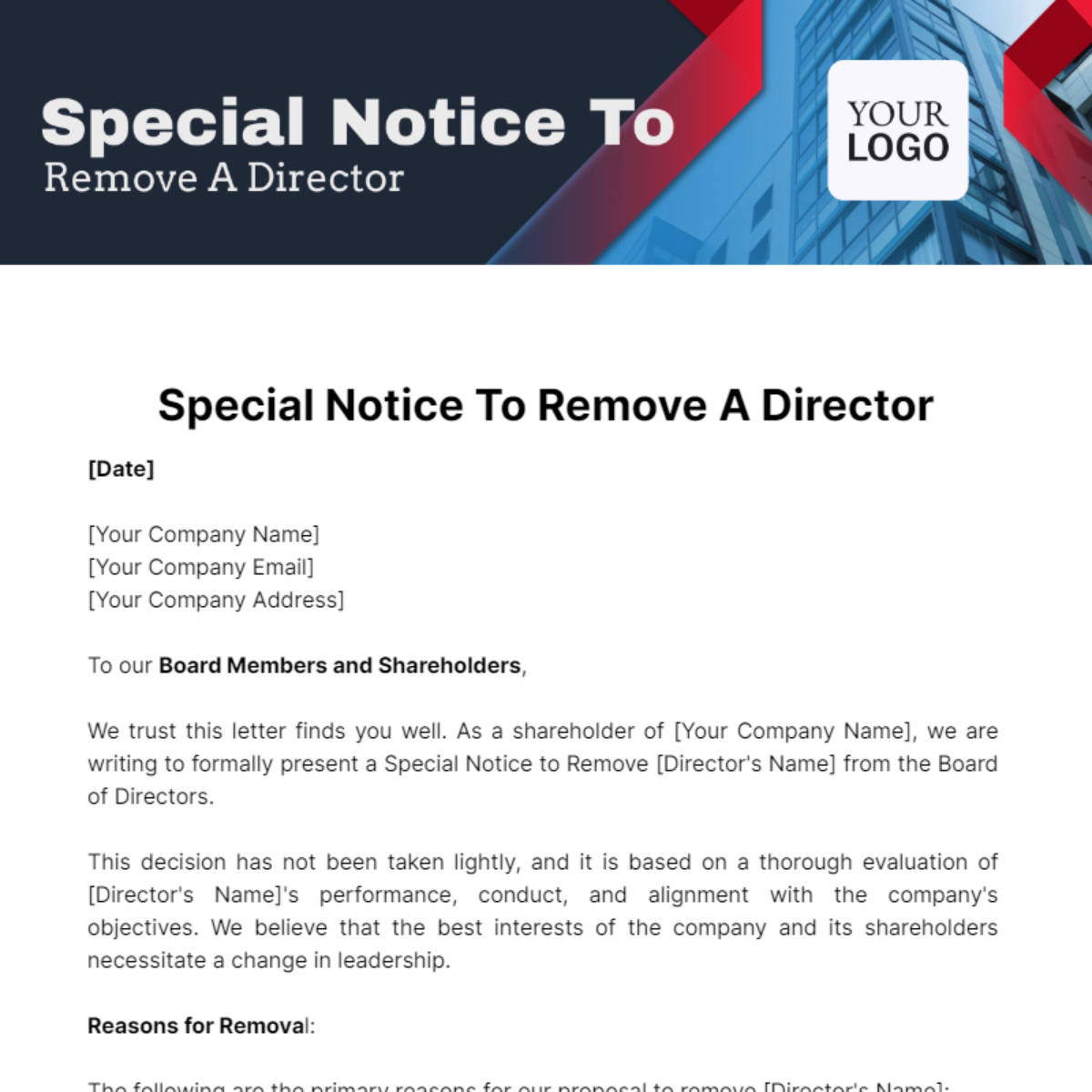 Free Special Notice To Remove A Director Template