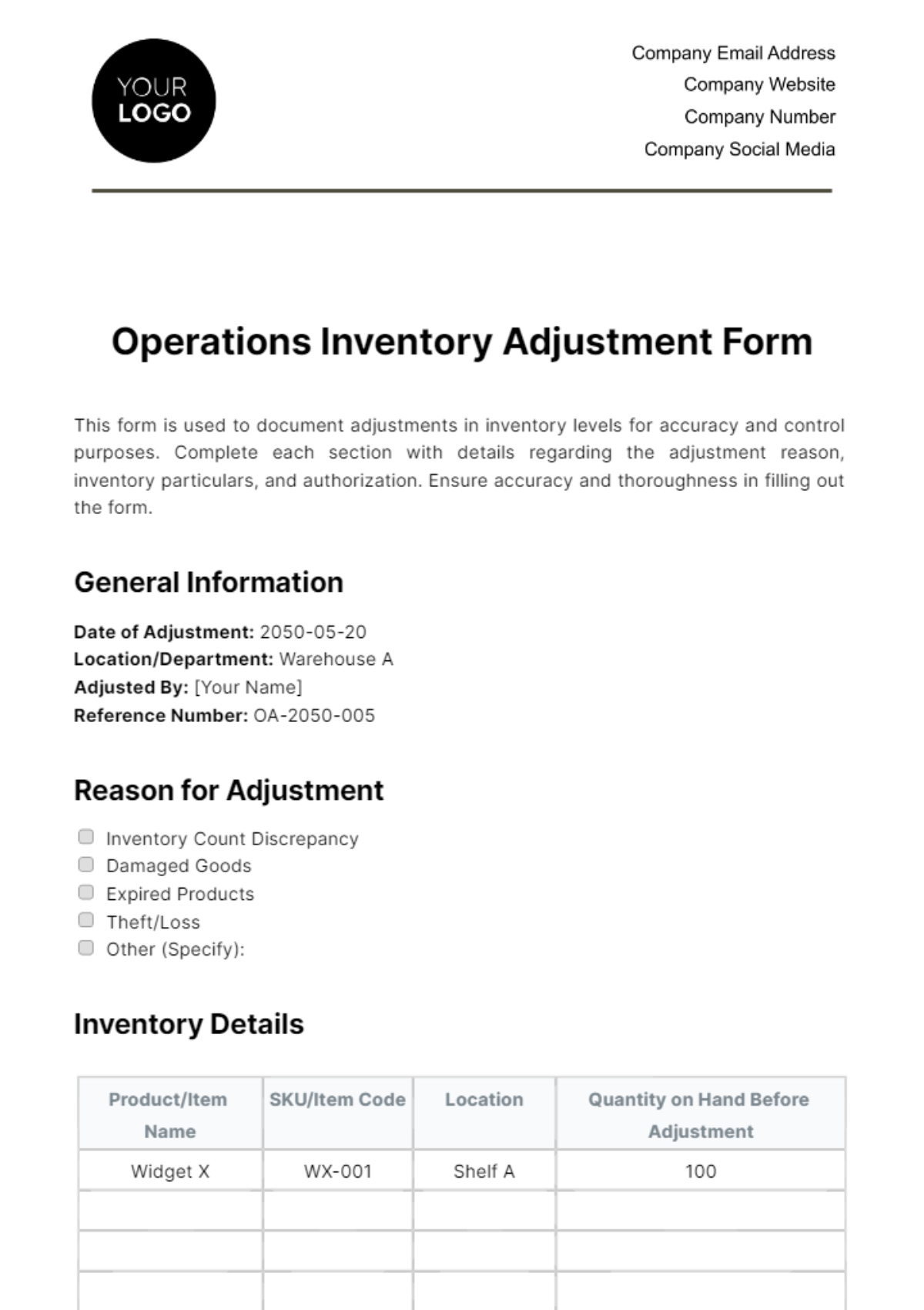 Free Operations Inventory Adjustment Form Template