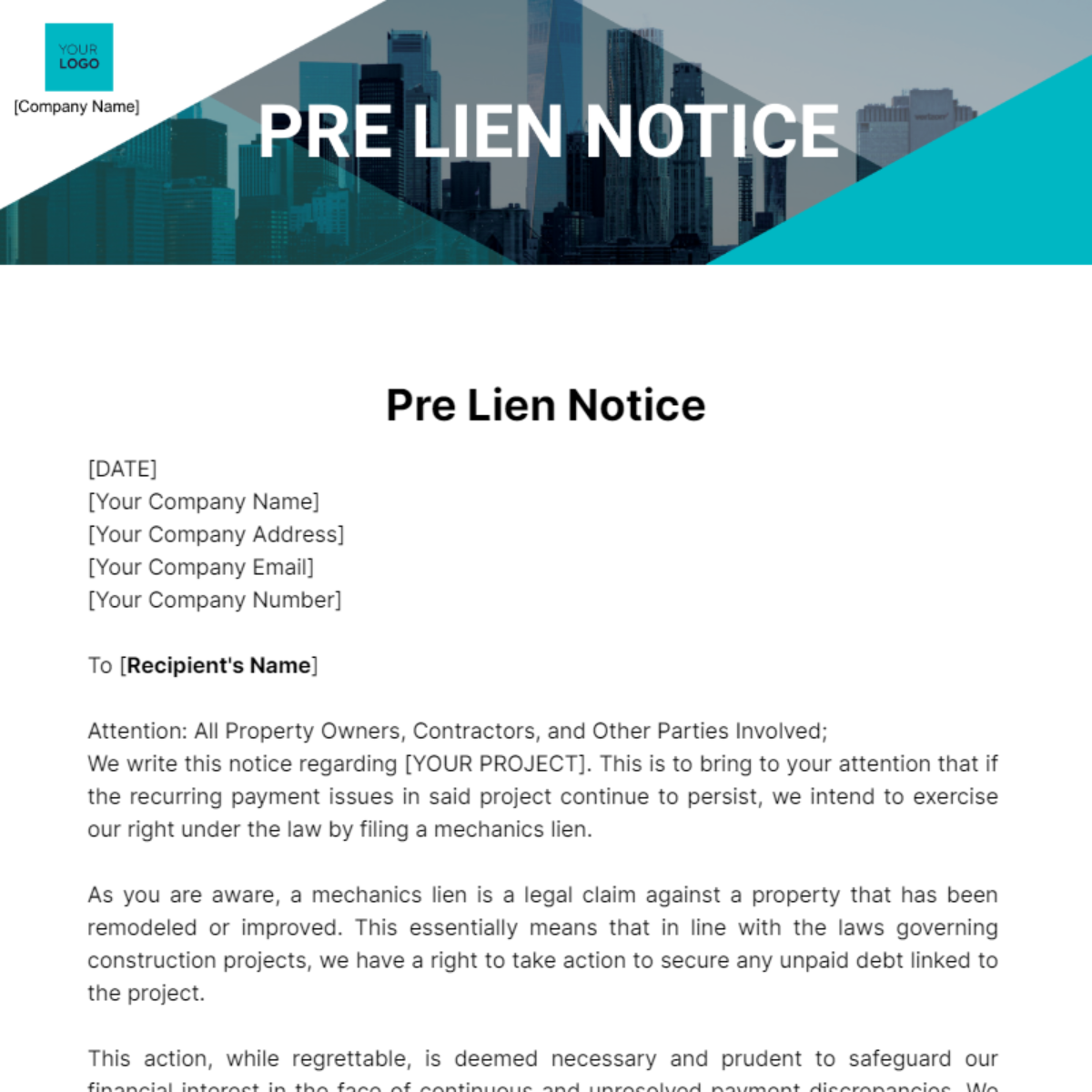 Pre Lien Notice Template - Edit Online & Download