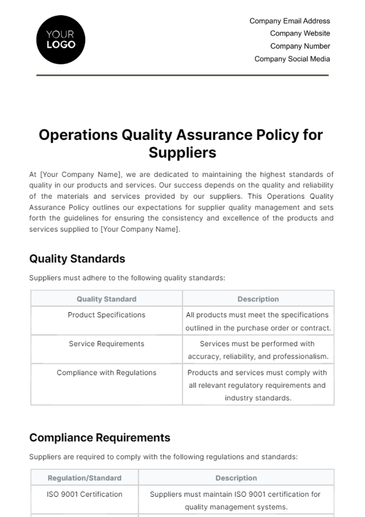 Free Operations Quality Assurance Policy for Suppliers Template