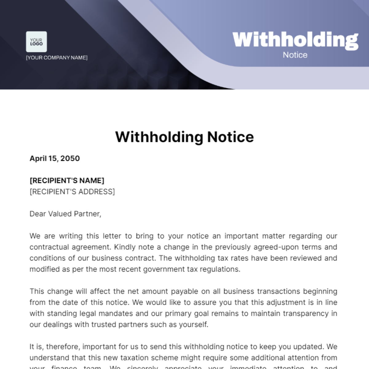 Withholding Notice Template - Edit Online & Download