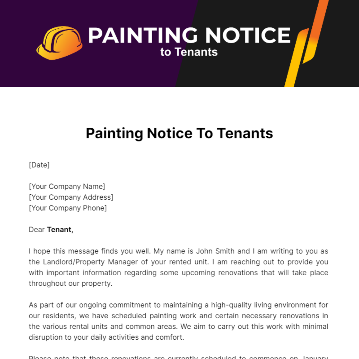 Painting Notice To Tenants Template - Edit Online & Download