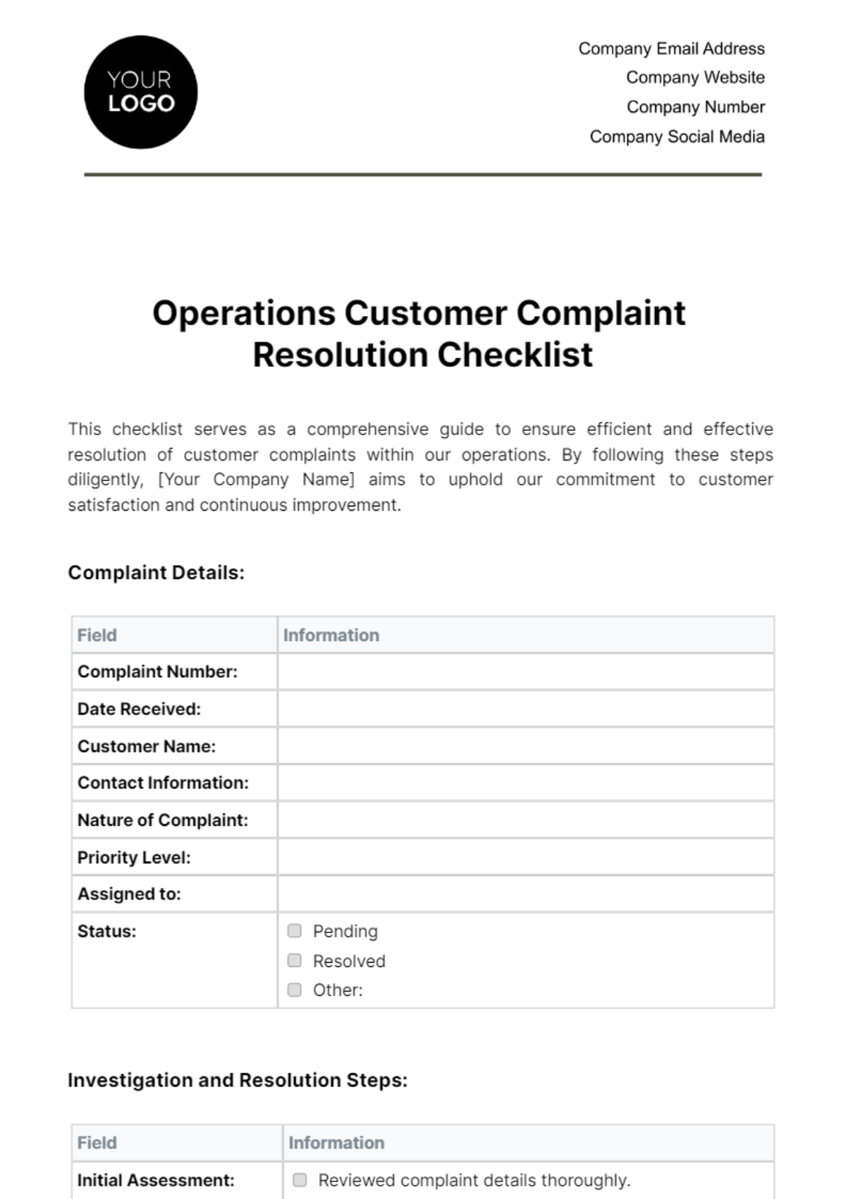 Operations Customer Complaint Resolution Checklist Template