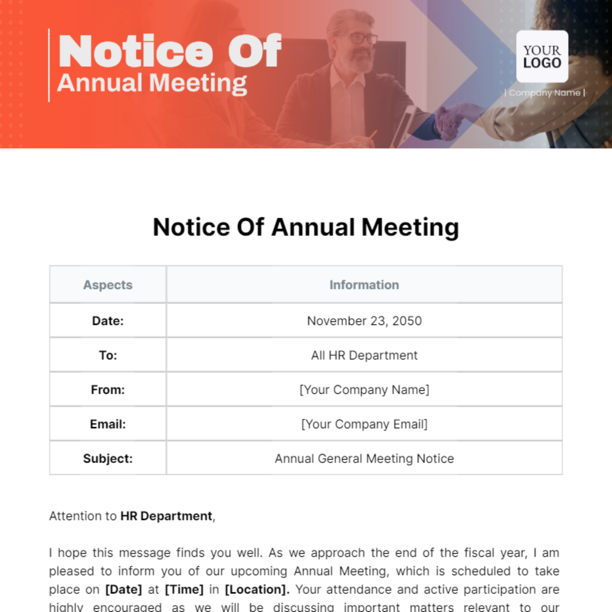 Notice Of Annual Meeting Template - Edit Online & Download