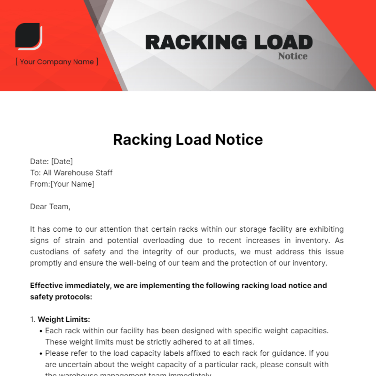 Racking Load Notice Template - Edit Online & Download