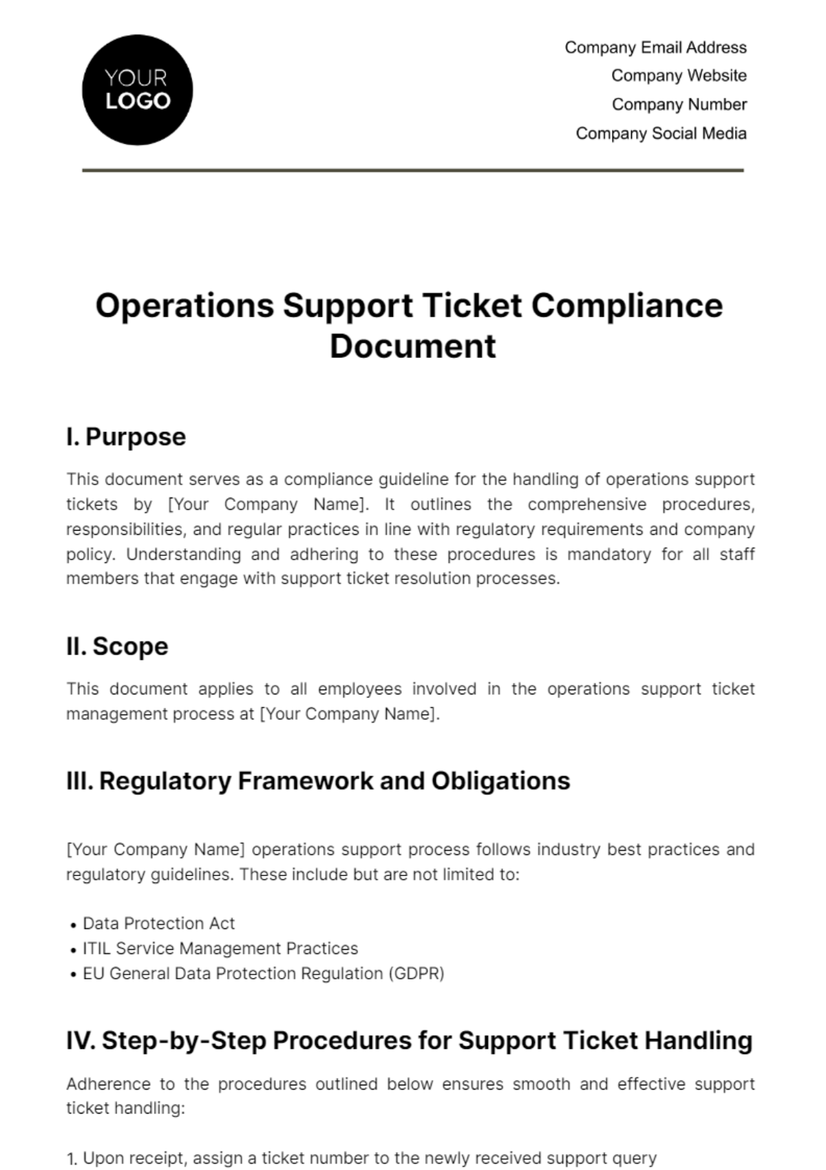 Free Operations Support Ticket Compliance Document Template