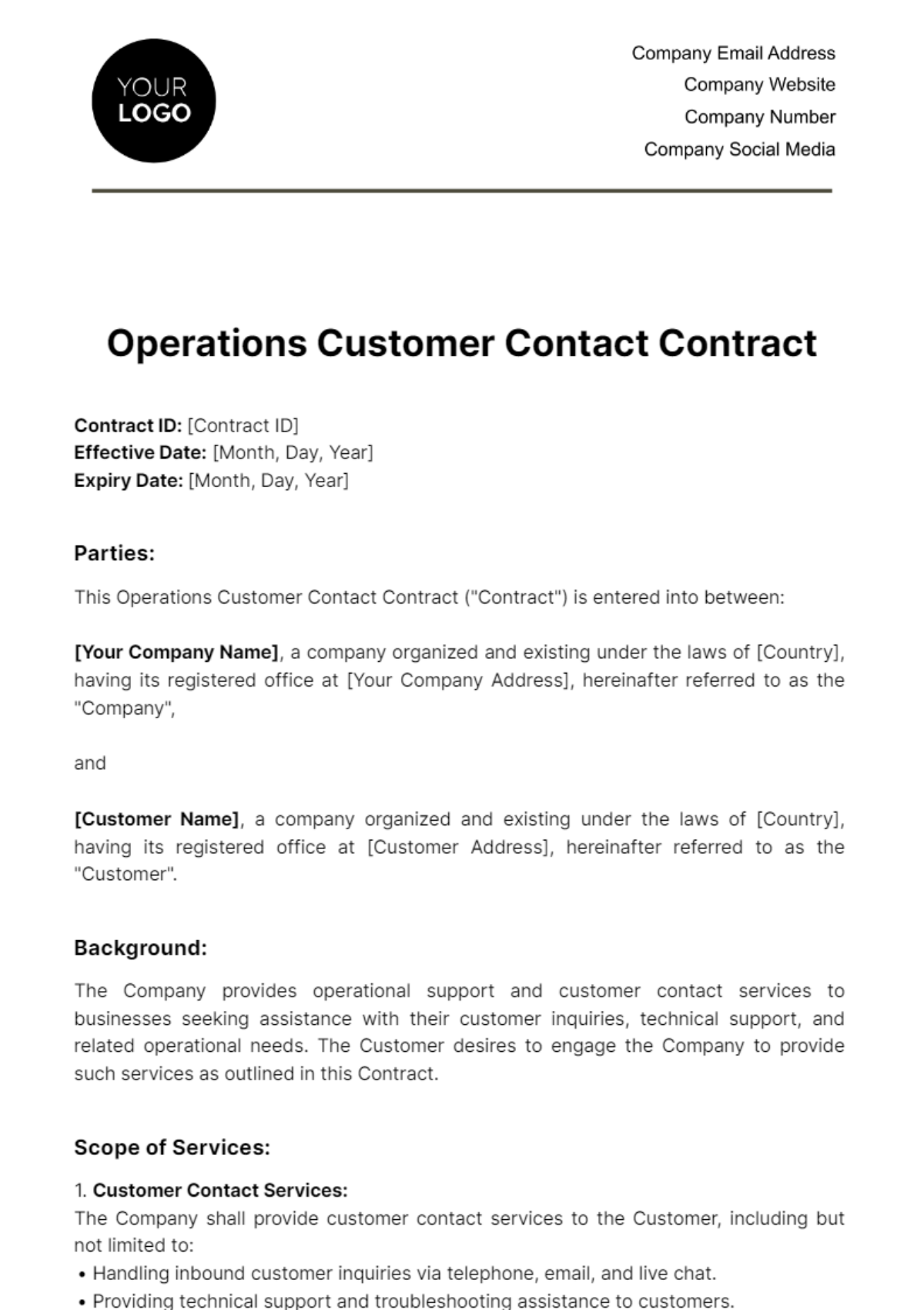 Operations Customer Contact Contract Template