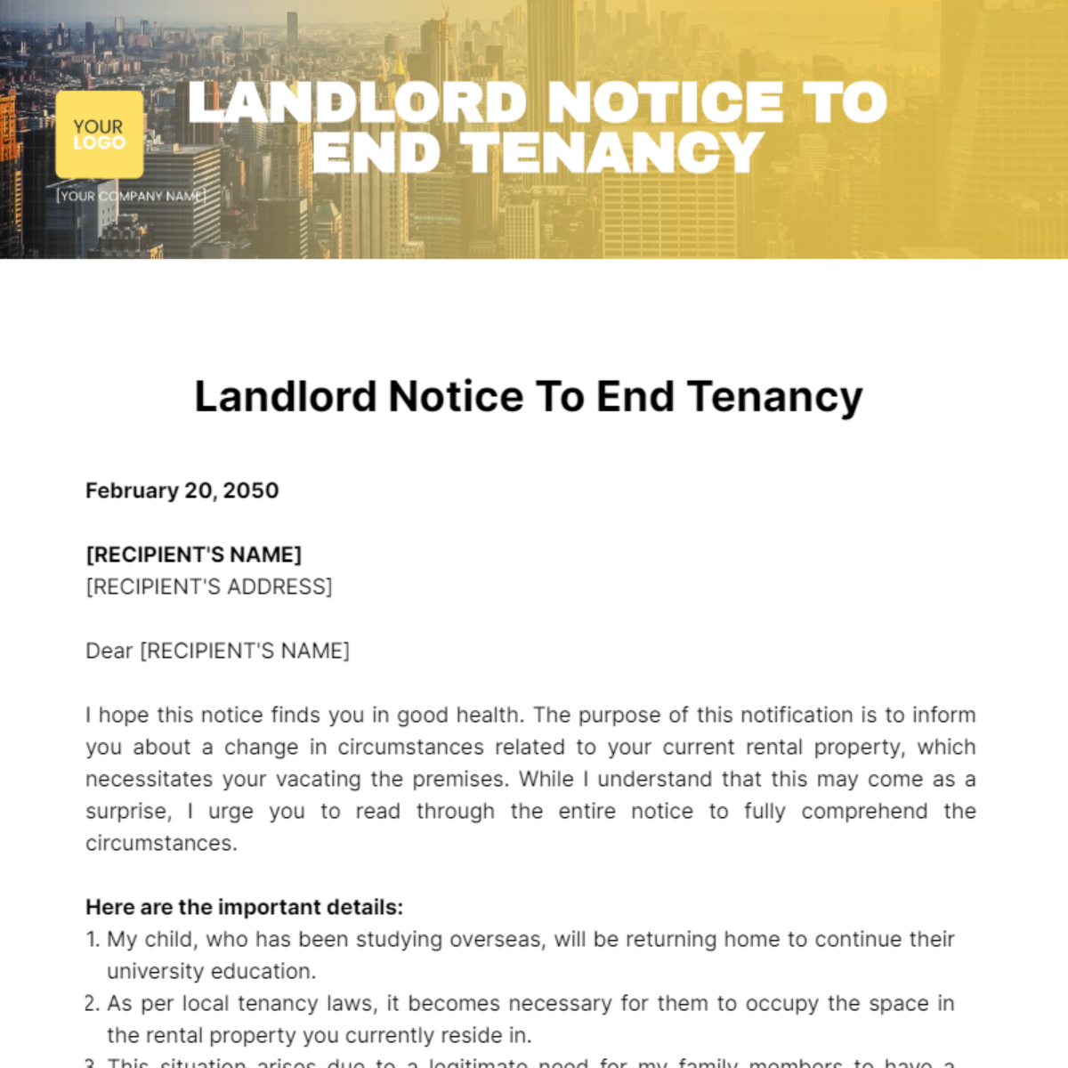 Landlord Notice To End Tenancy Template
