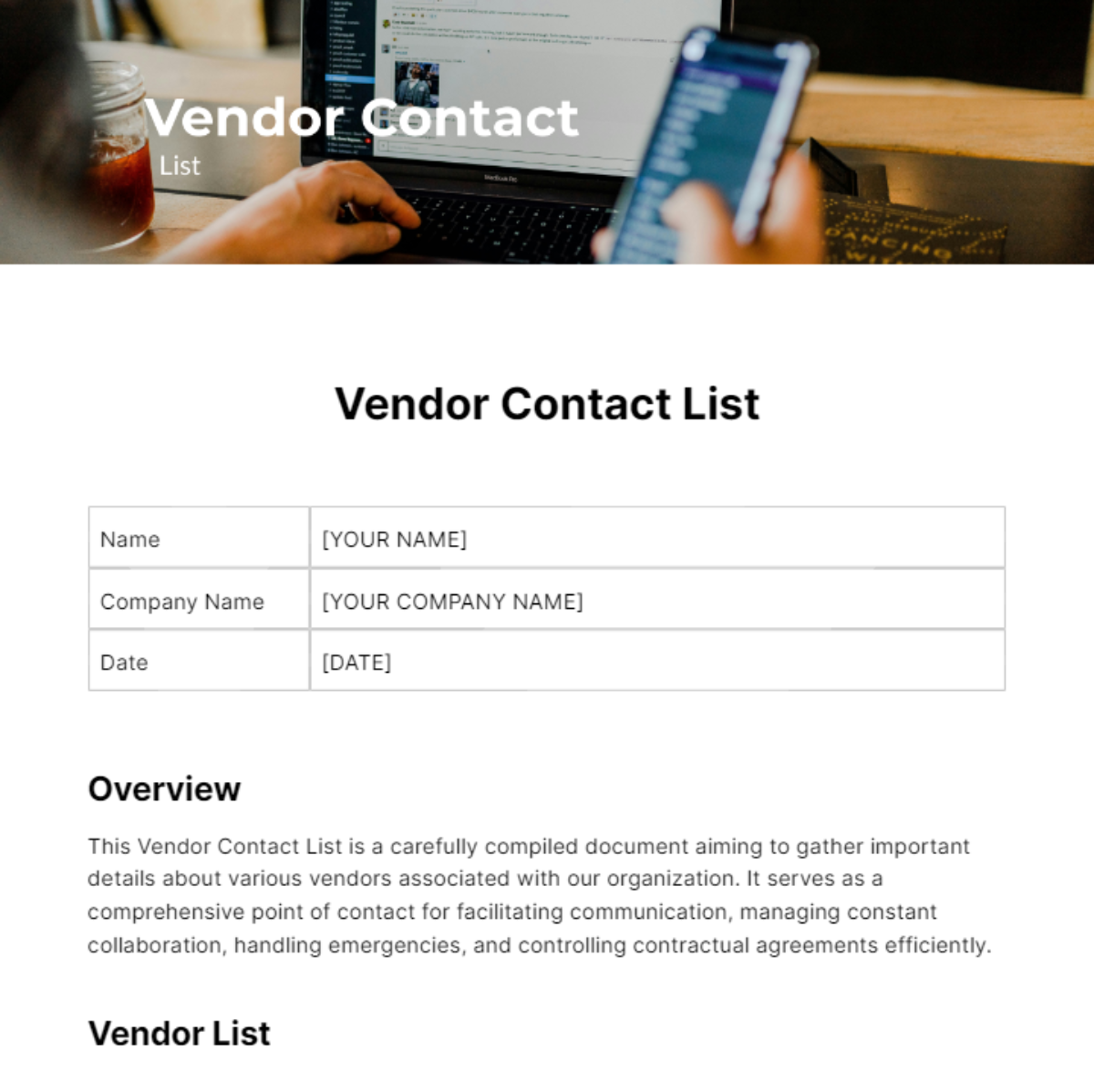 Vendor Contact List Template