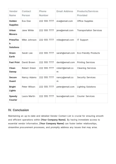 Free Vendor Contact List Template to Edit Online