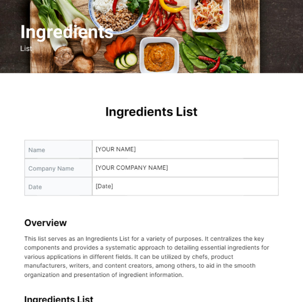 Ingredients List Template