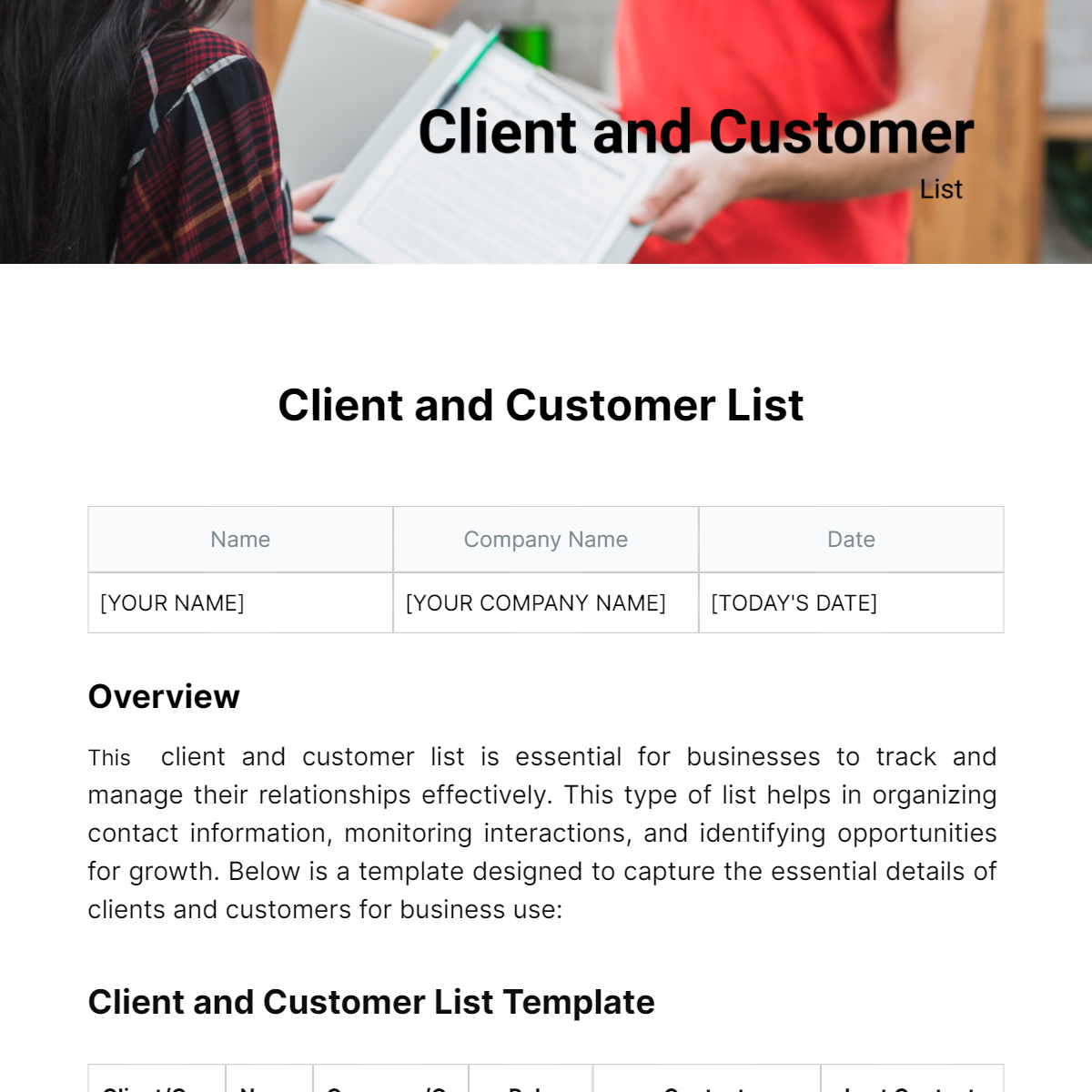 Client and Customer List Template