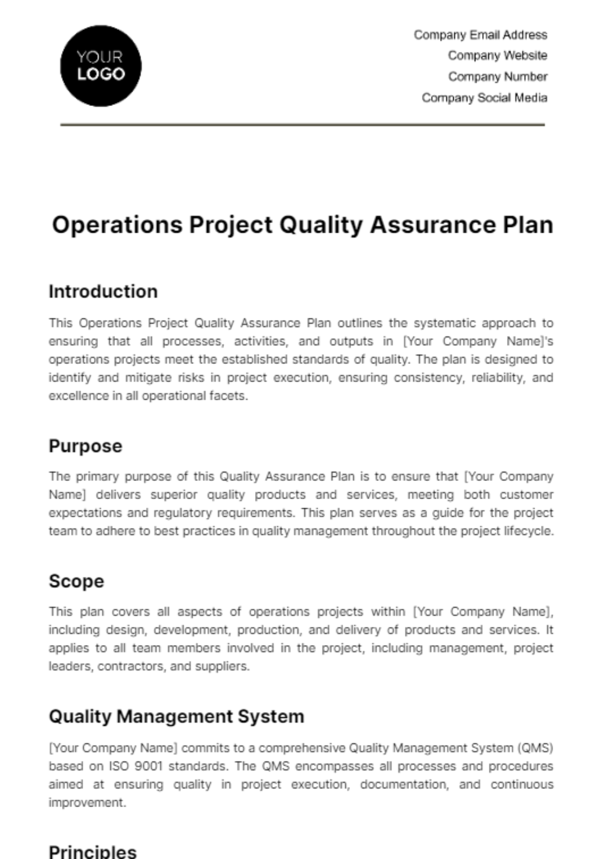 Free Operations Project Quality Assurance Plan Template