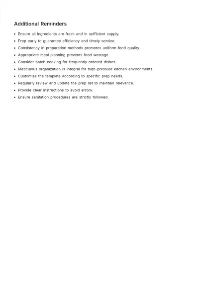 Free kitchen prep list template to Edit Online