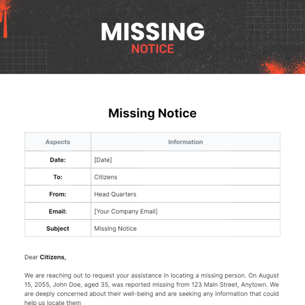 Missing Notice Template - Edit Online & Download