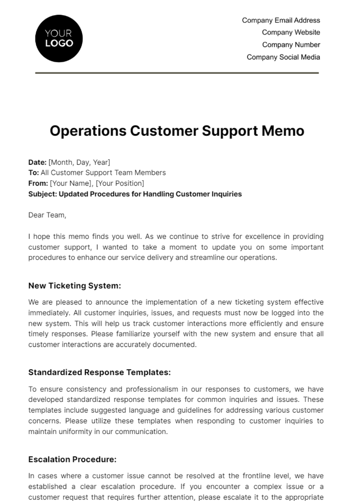 Operations Customer Support Memo Template