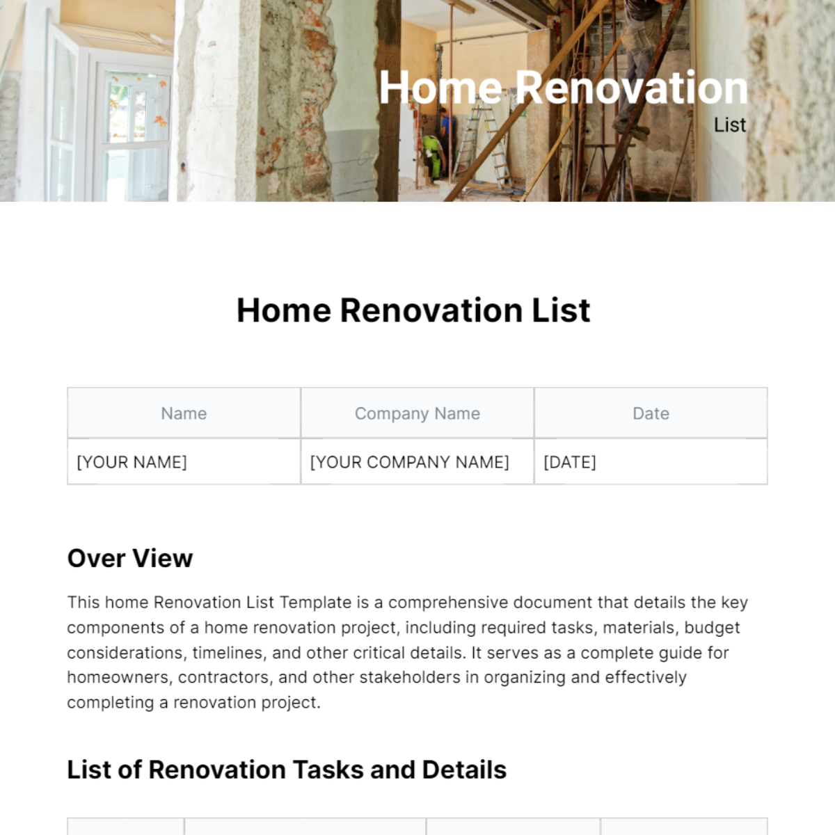 Home Renovation list Template