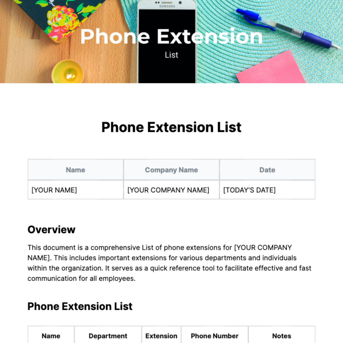 Phone Extension List Template