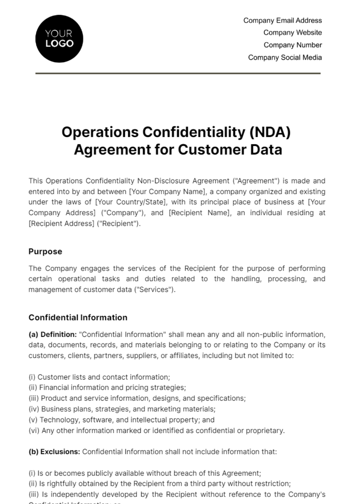 Free Operations Confidentiality (NDA) Agreement for Customer Data Template