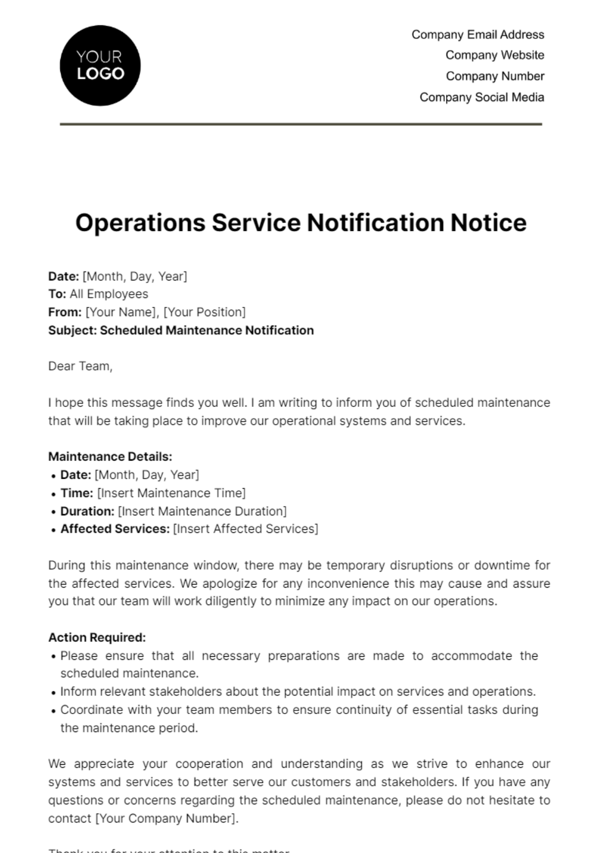 Free Operations Service Notification Notice Template