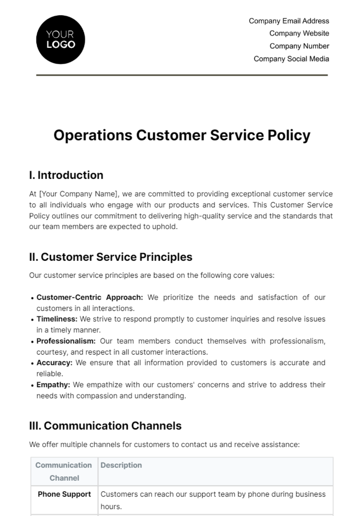 Free Operations Customer Service Policy Template