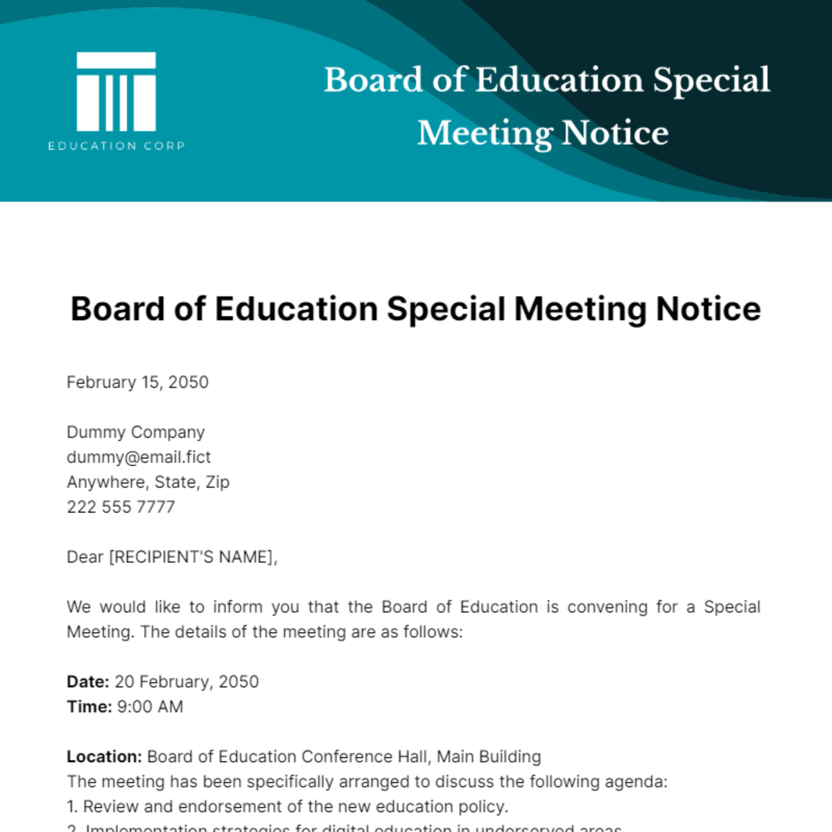 Board of Education Special Meeting Notice Template
