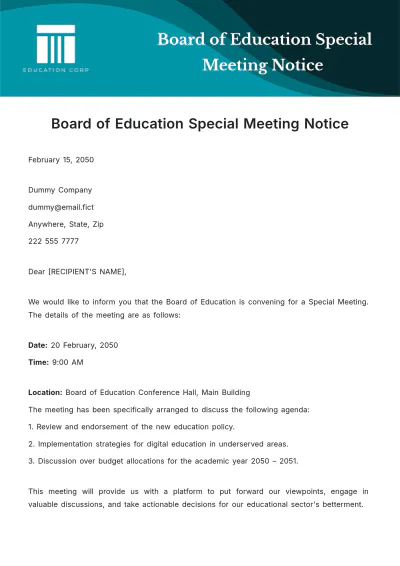 Free Board of Education Special Meeting Notice Template to Edit Online
