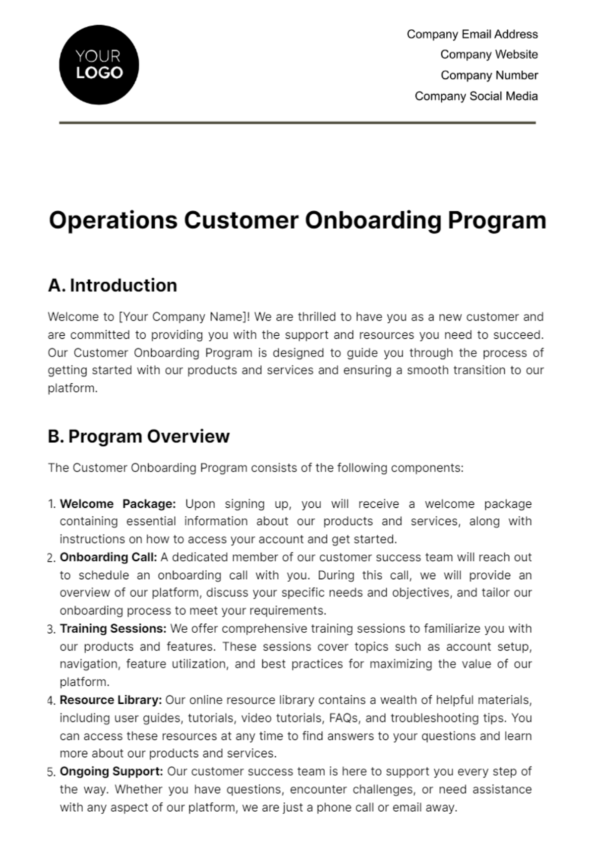 Free Operations Customer Onboarding Program Template