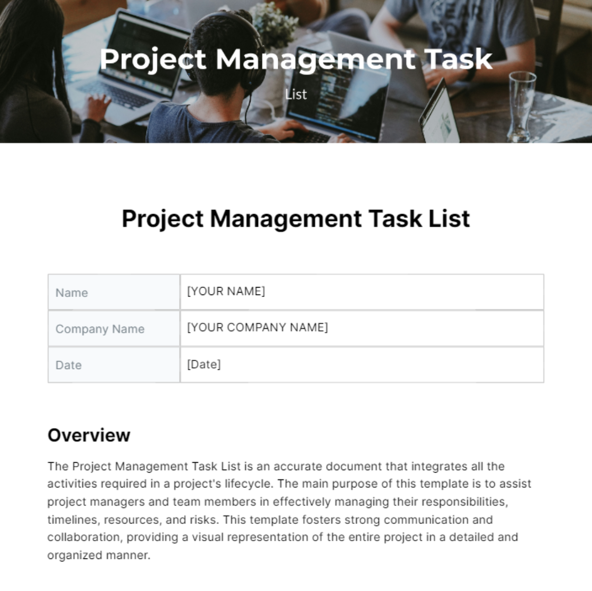 Project Management Task List Template