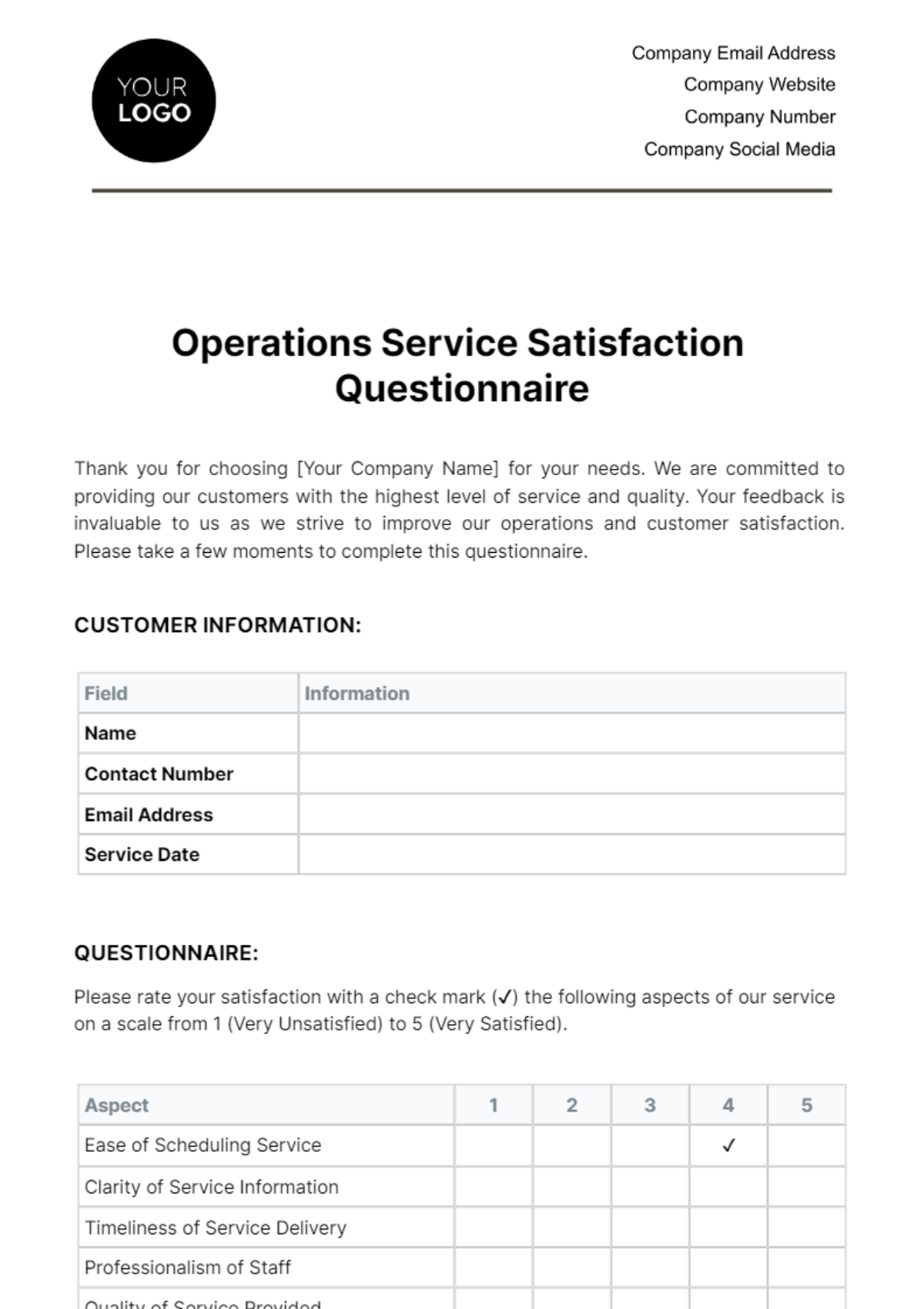 Operations Service Satisfaction Questionnaire Template