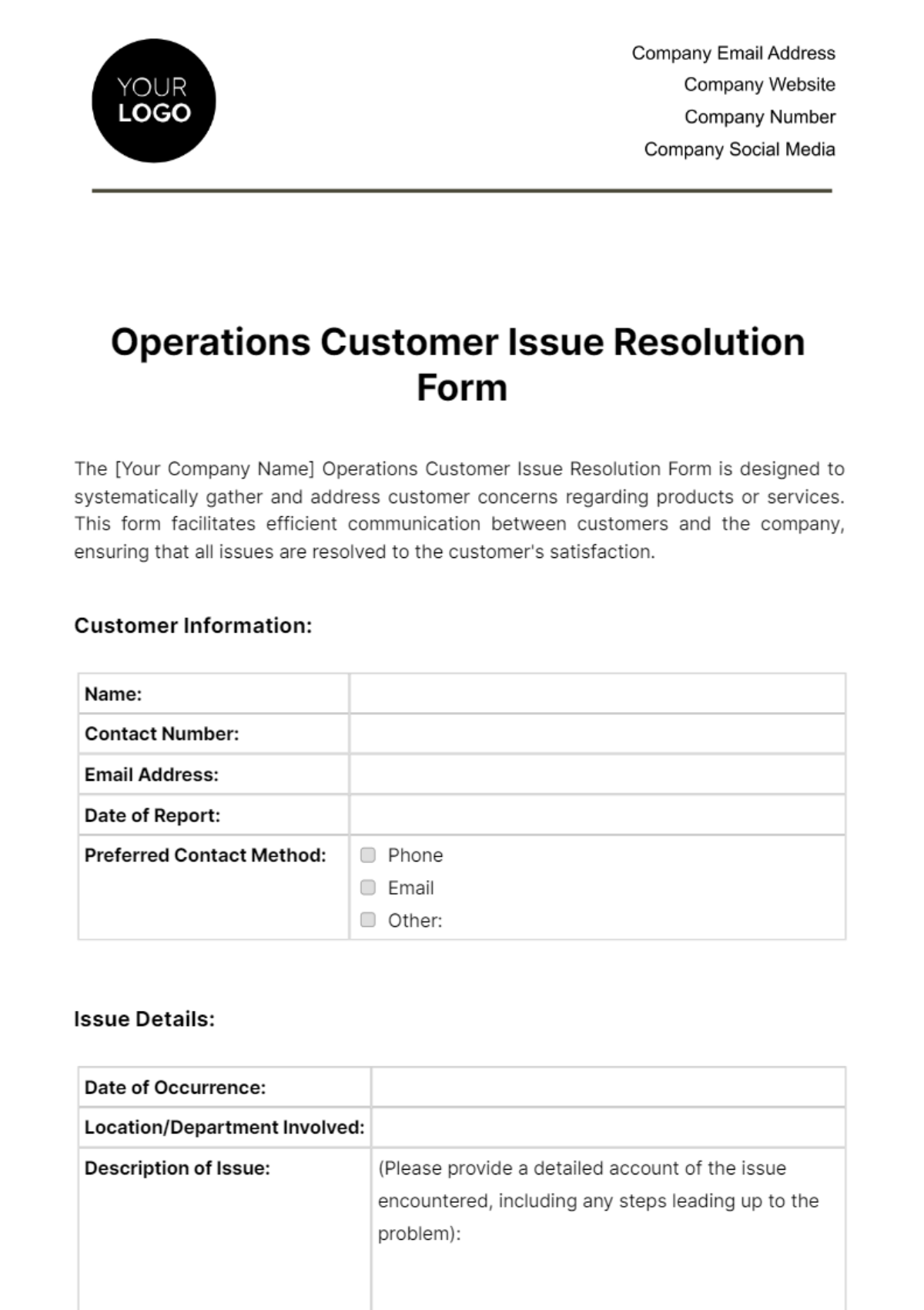 Free Operations Customer Issue Resolution Form Template
