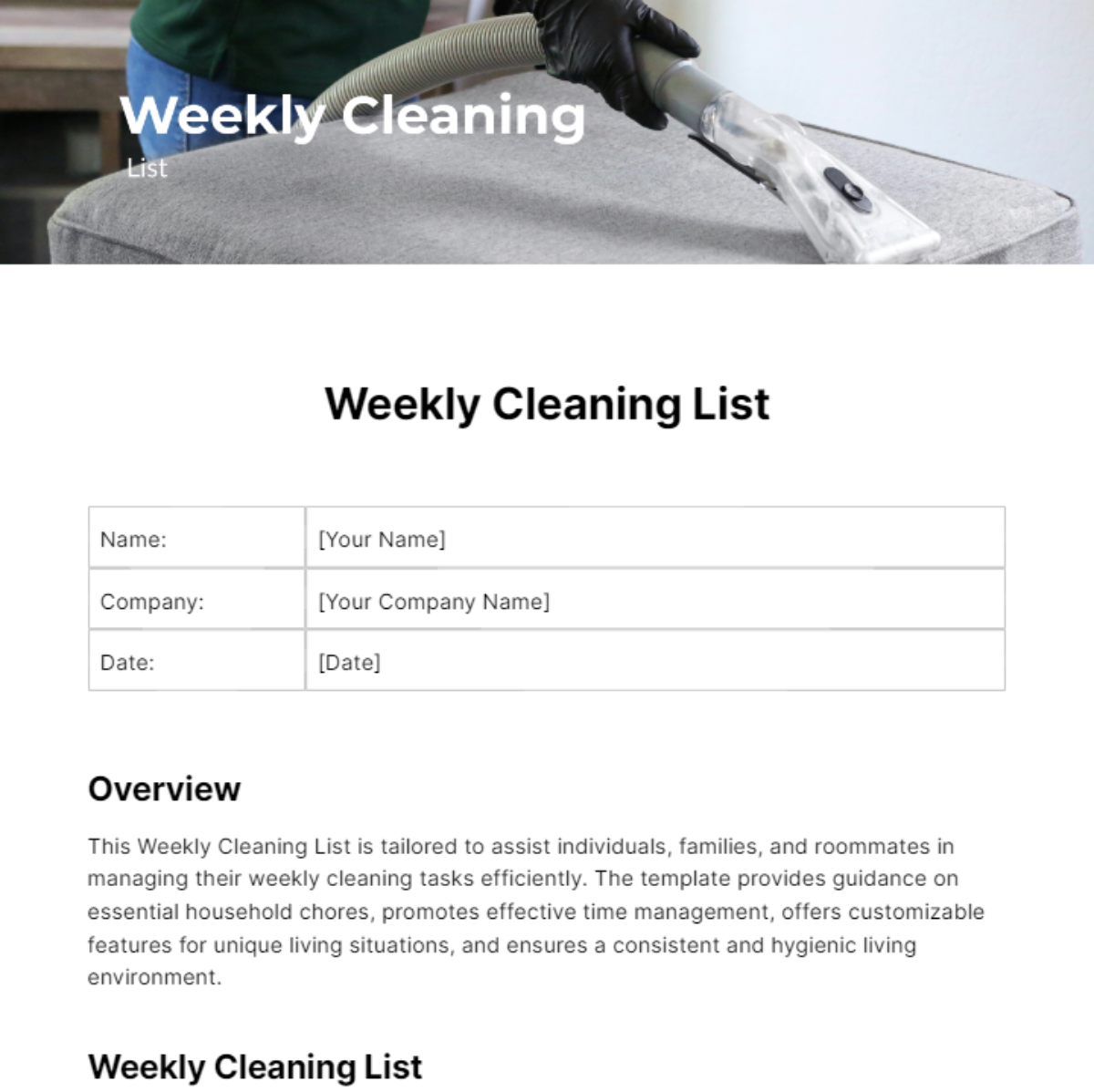 Weekly Cleaning List Template