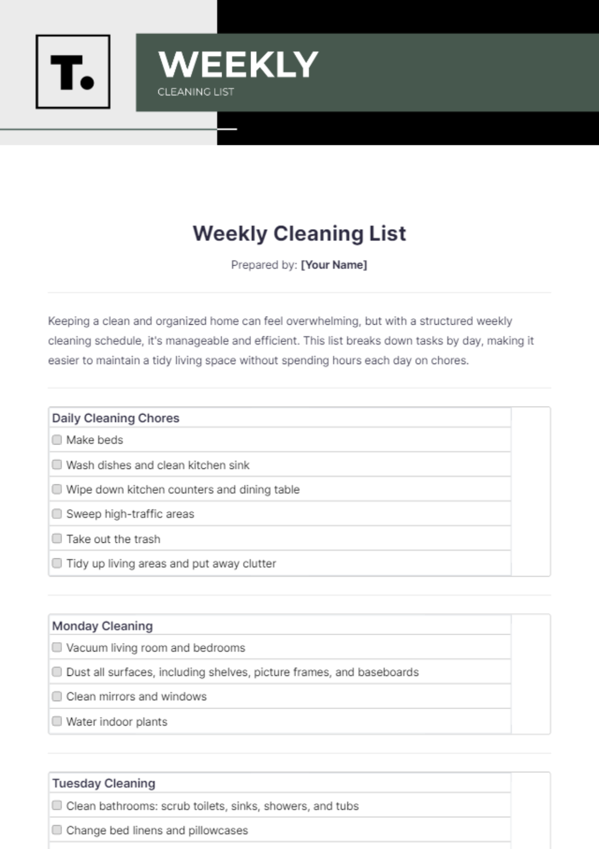 Weekly Cleaning List Template