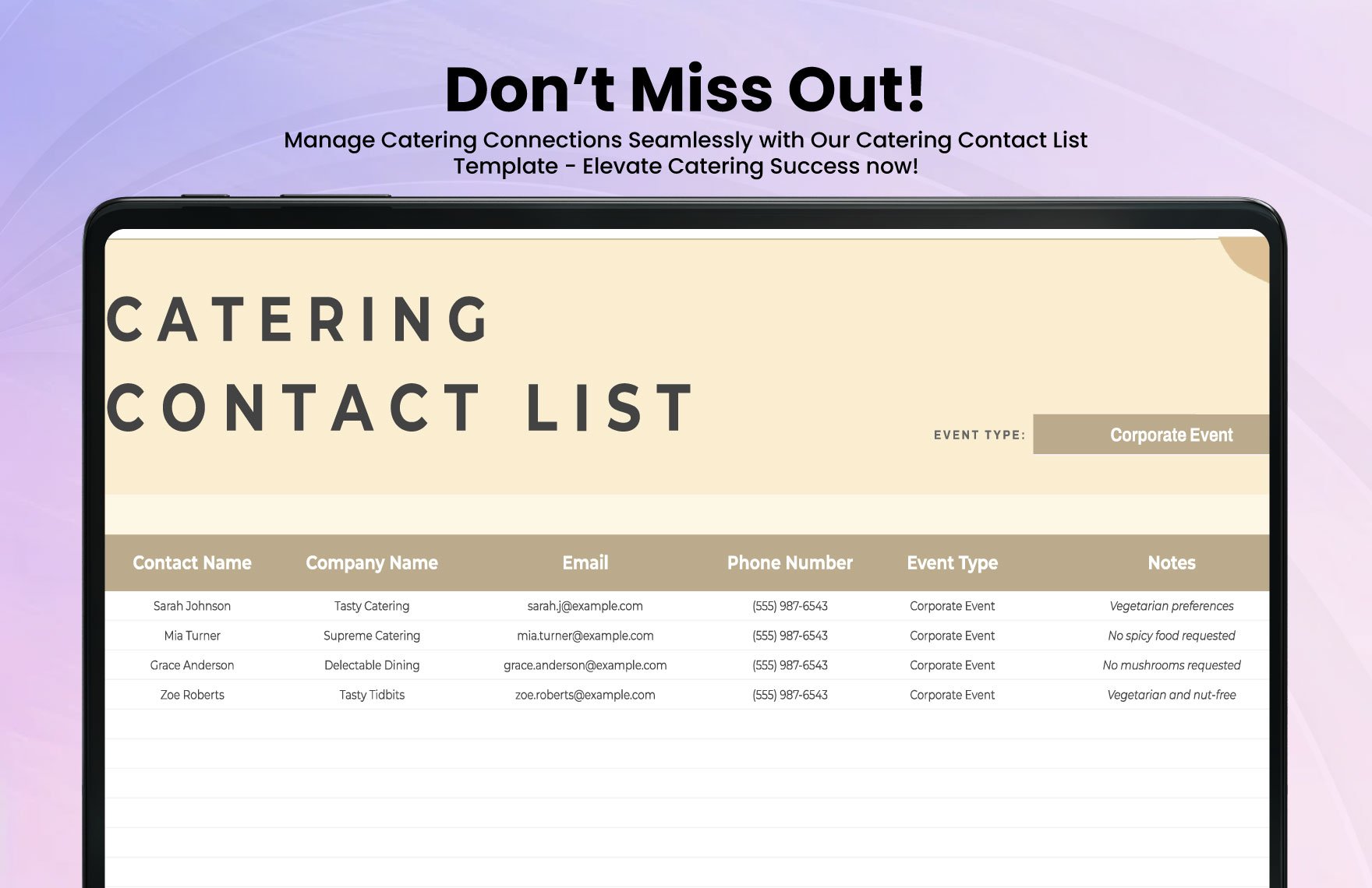 Catering Contact List Template