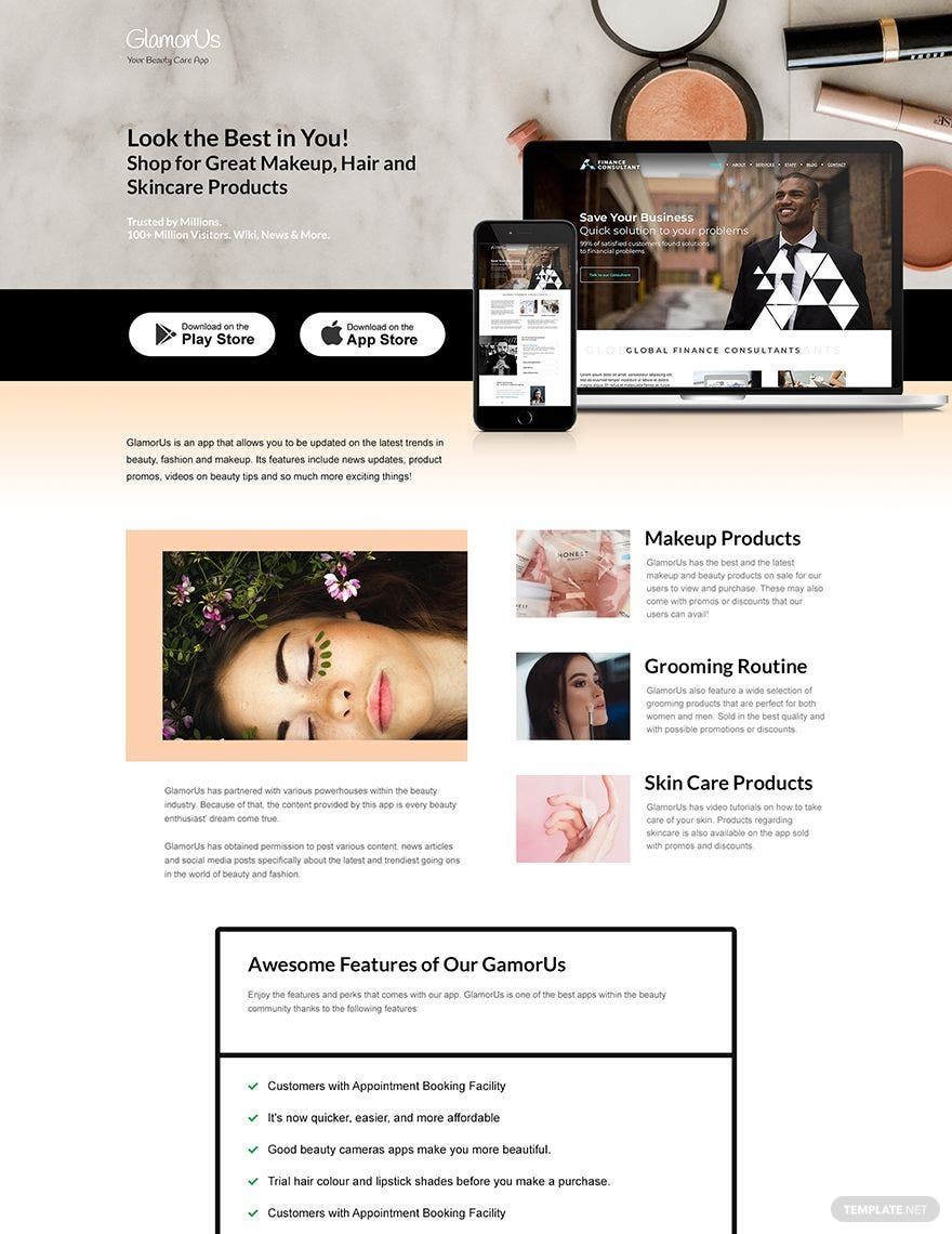 Beauty App PSD Landing Page Template