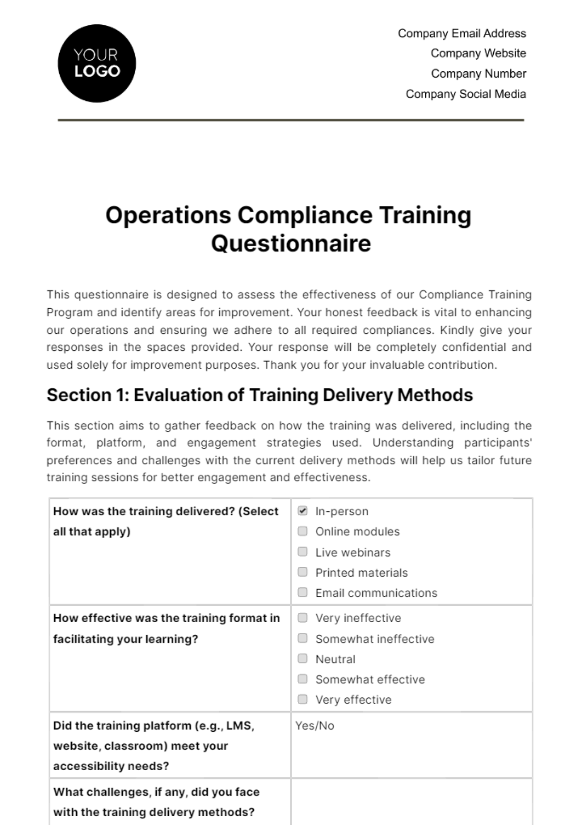 Free Operations Compliance Training Questionnaire Template