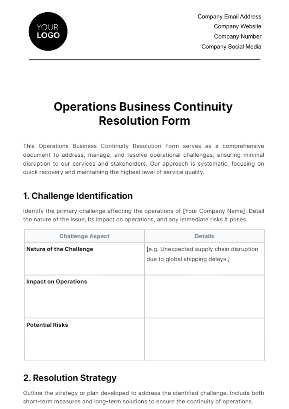 Free Operations Business Continuity Resolution Form Template