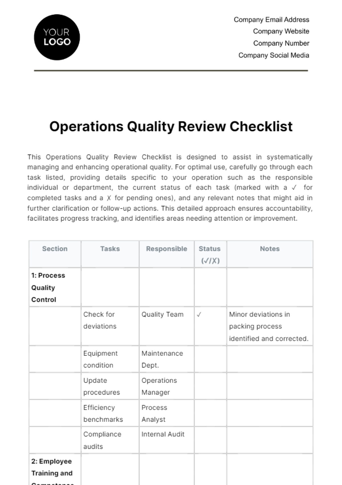 Free Operations Quality Review Checklist Template