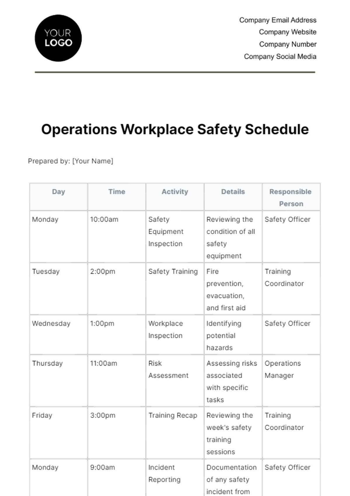 Operations Workplace Safety Schedule Template