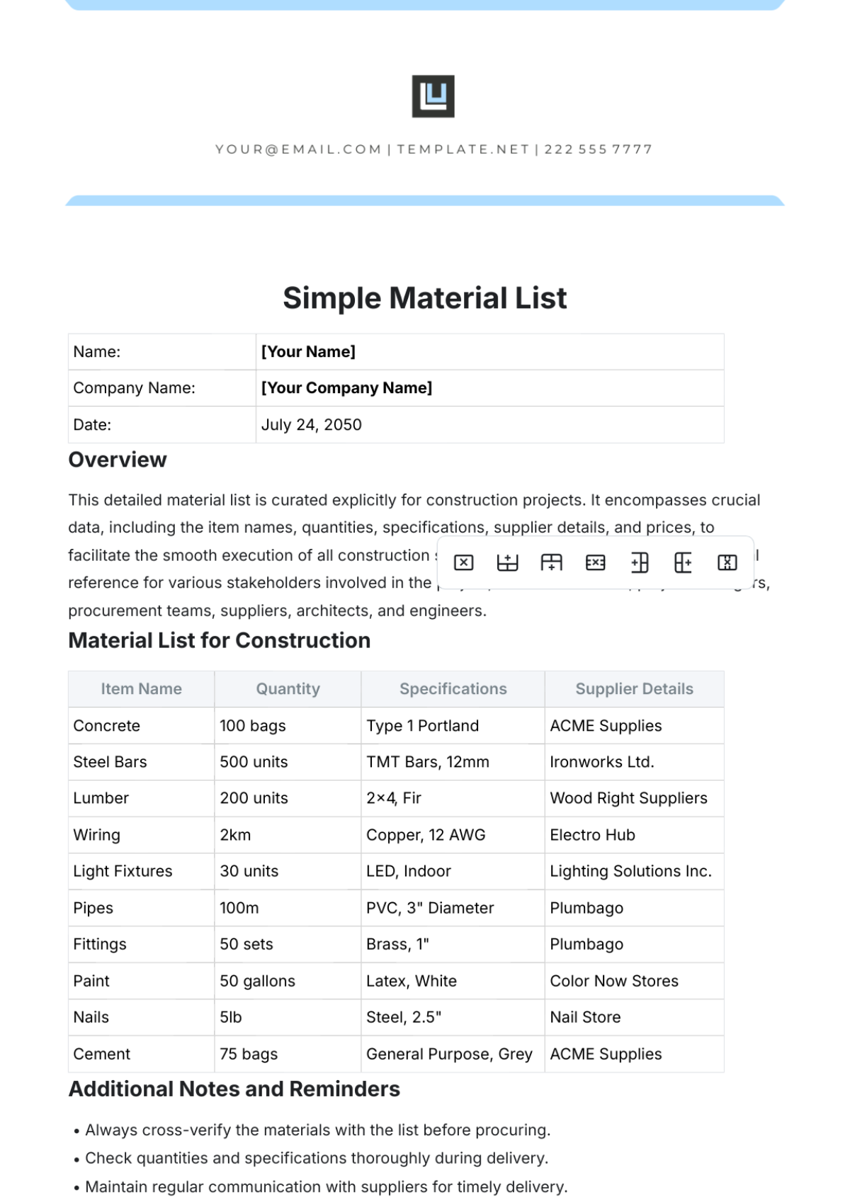 Simple Material List Template - Edit Online & Download