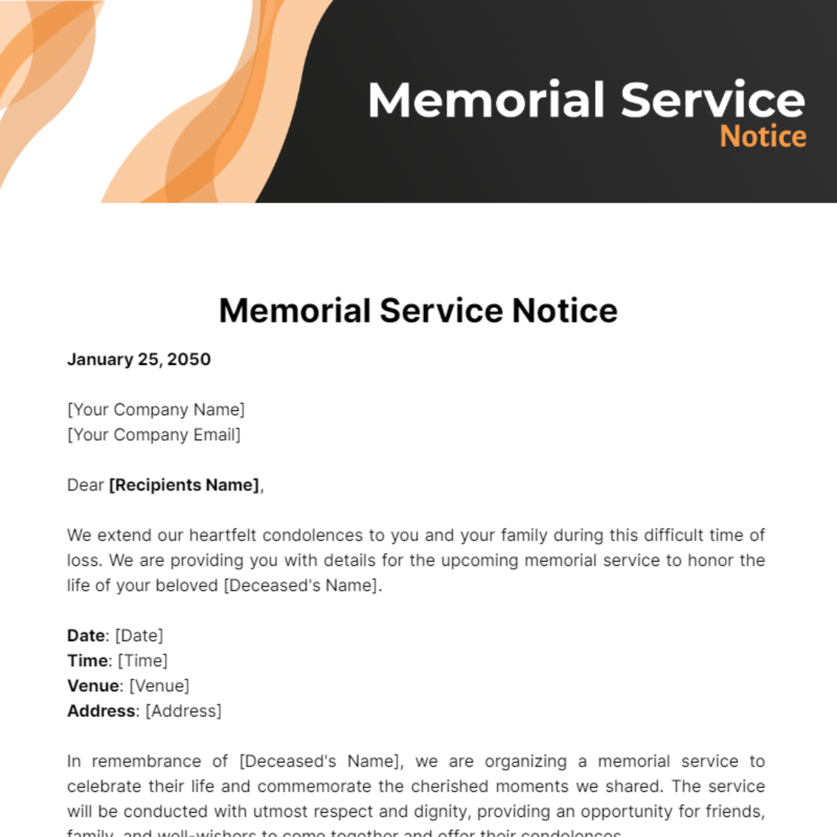 Memorial Service Notice Template - Edit Online & Download