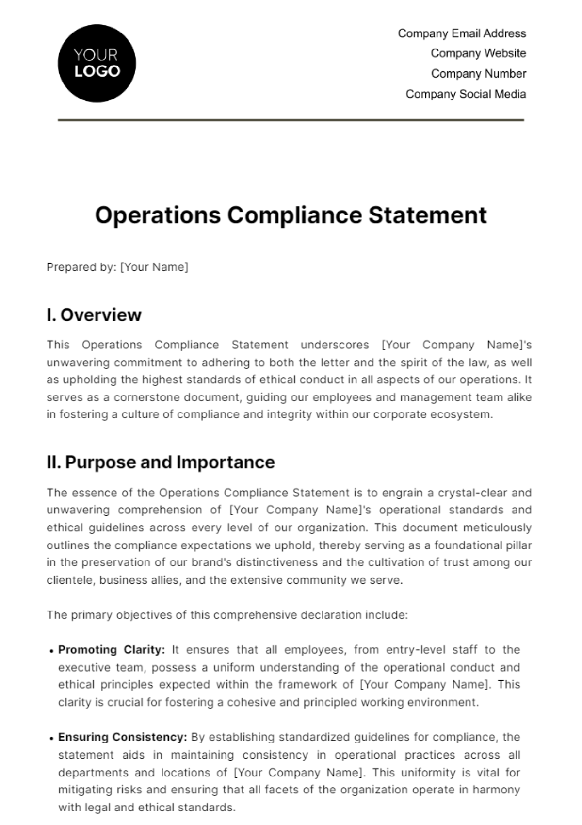 Free Operations Compliance Statement Template