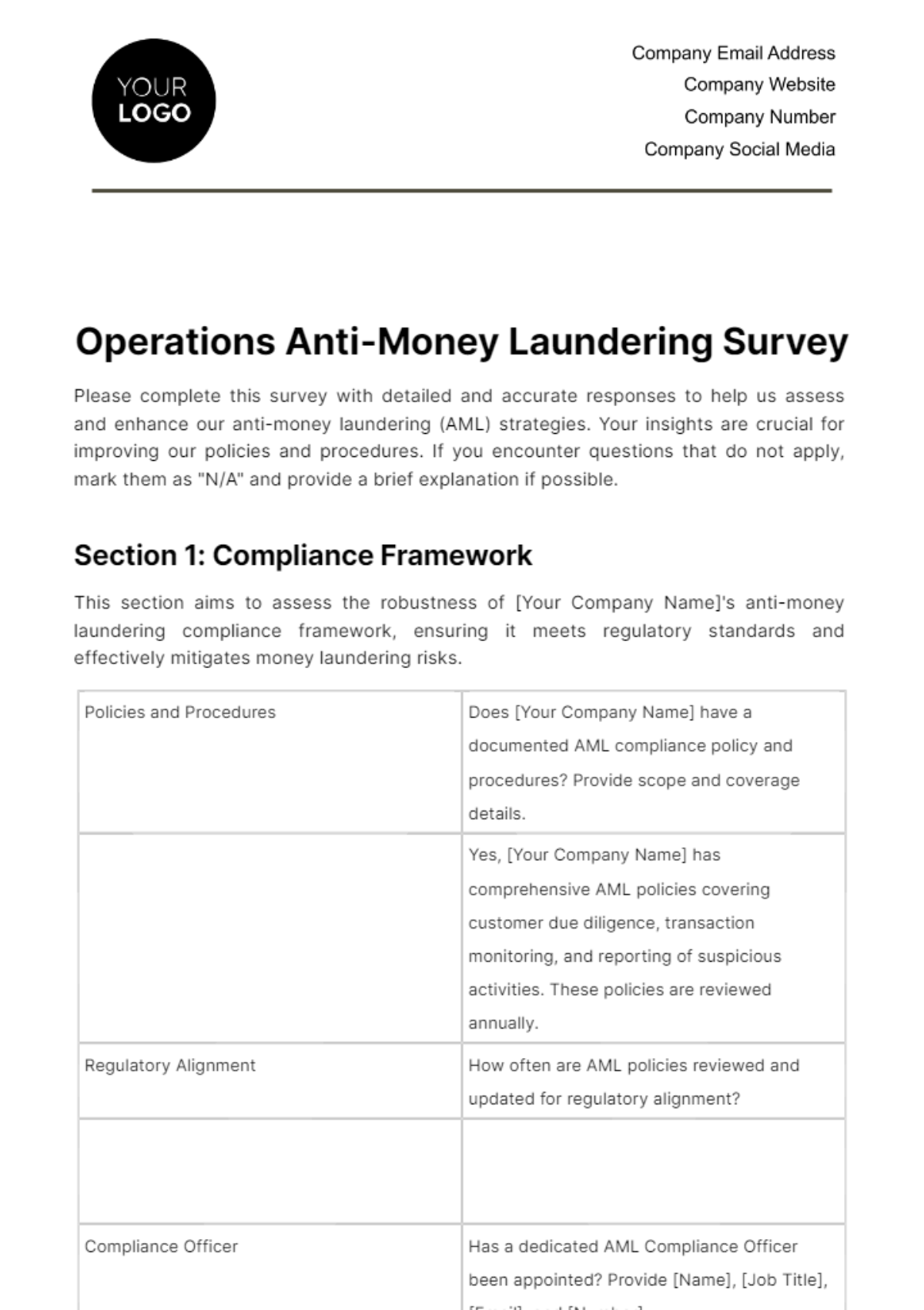 Free Operations Anti-Money Laundering Survey Template