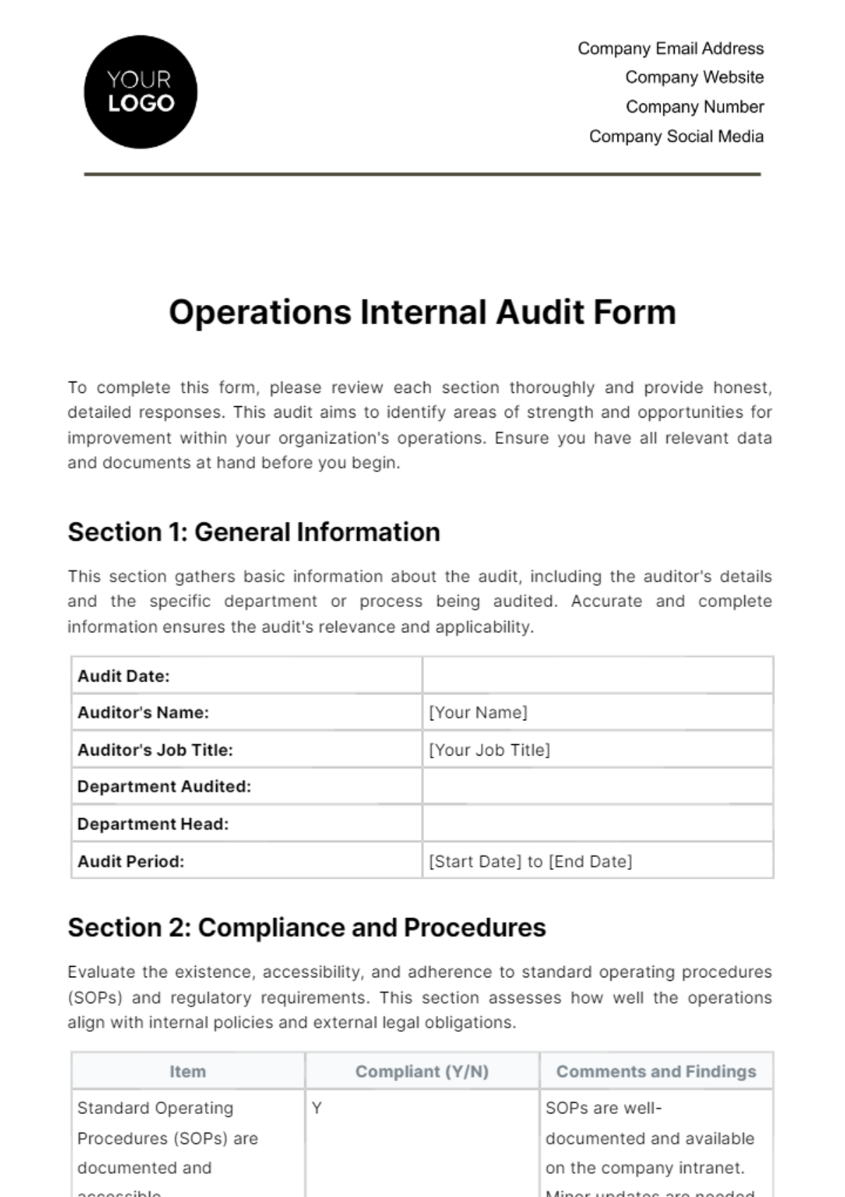Free Operations Internal Audit Form Template