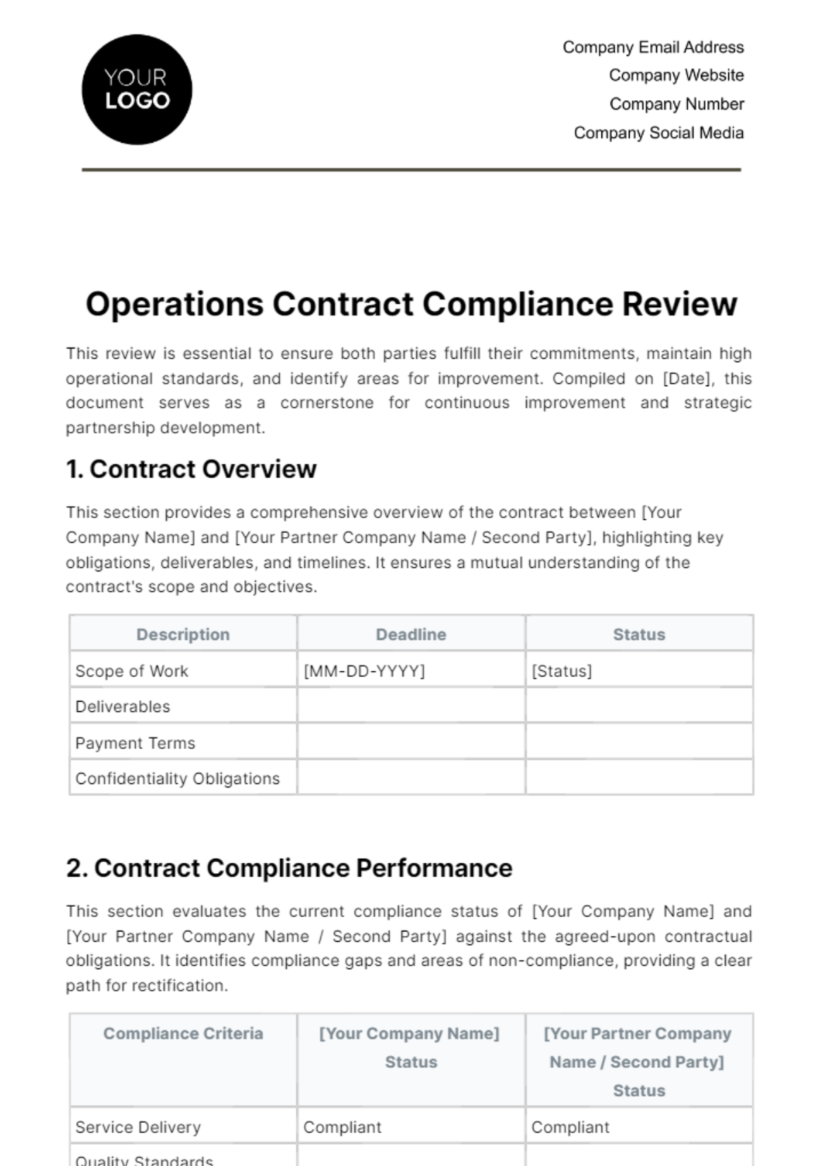 Free Operations Contract Compliance Review Template