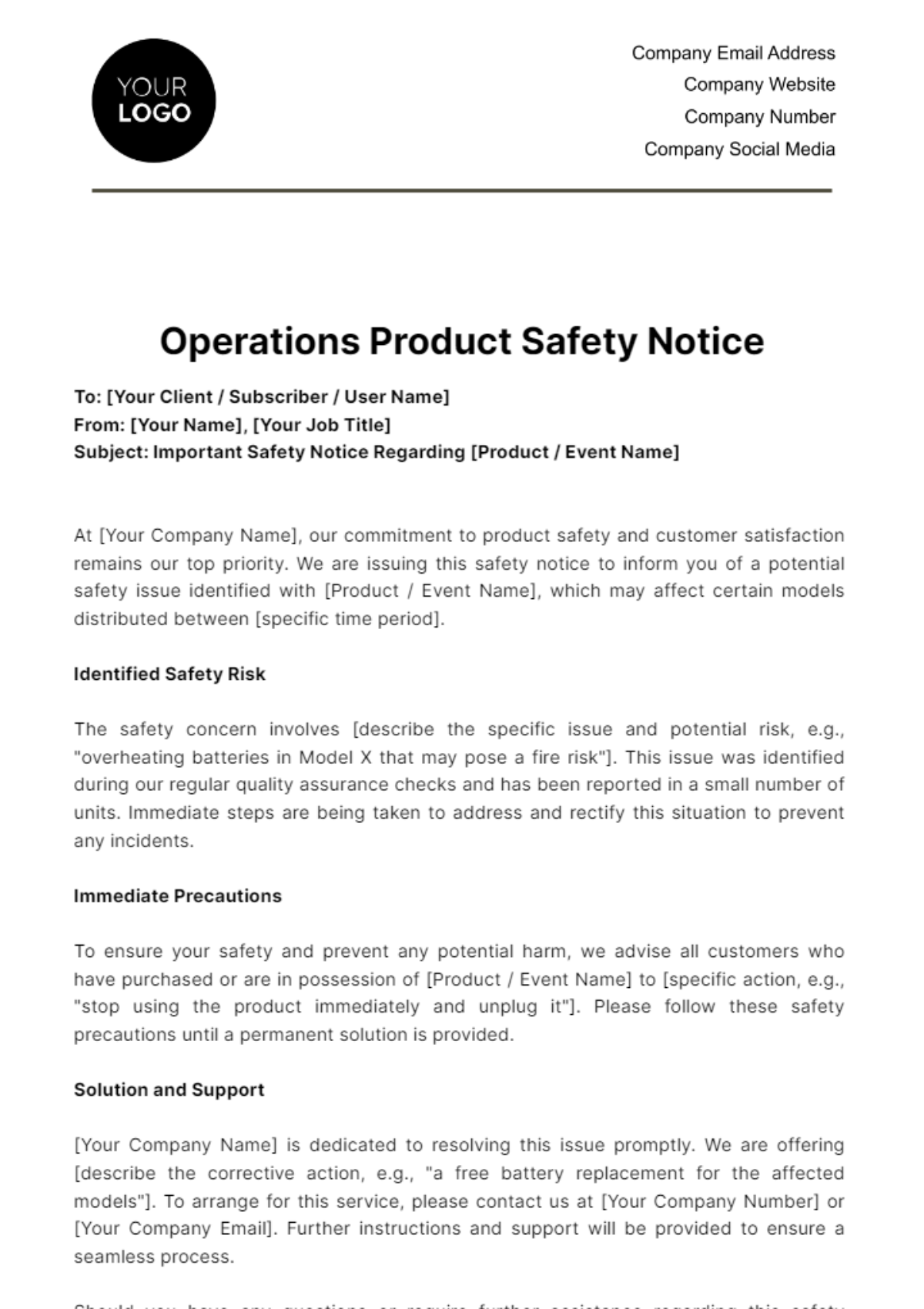 Operations Product Safety Notice Template