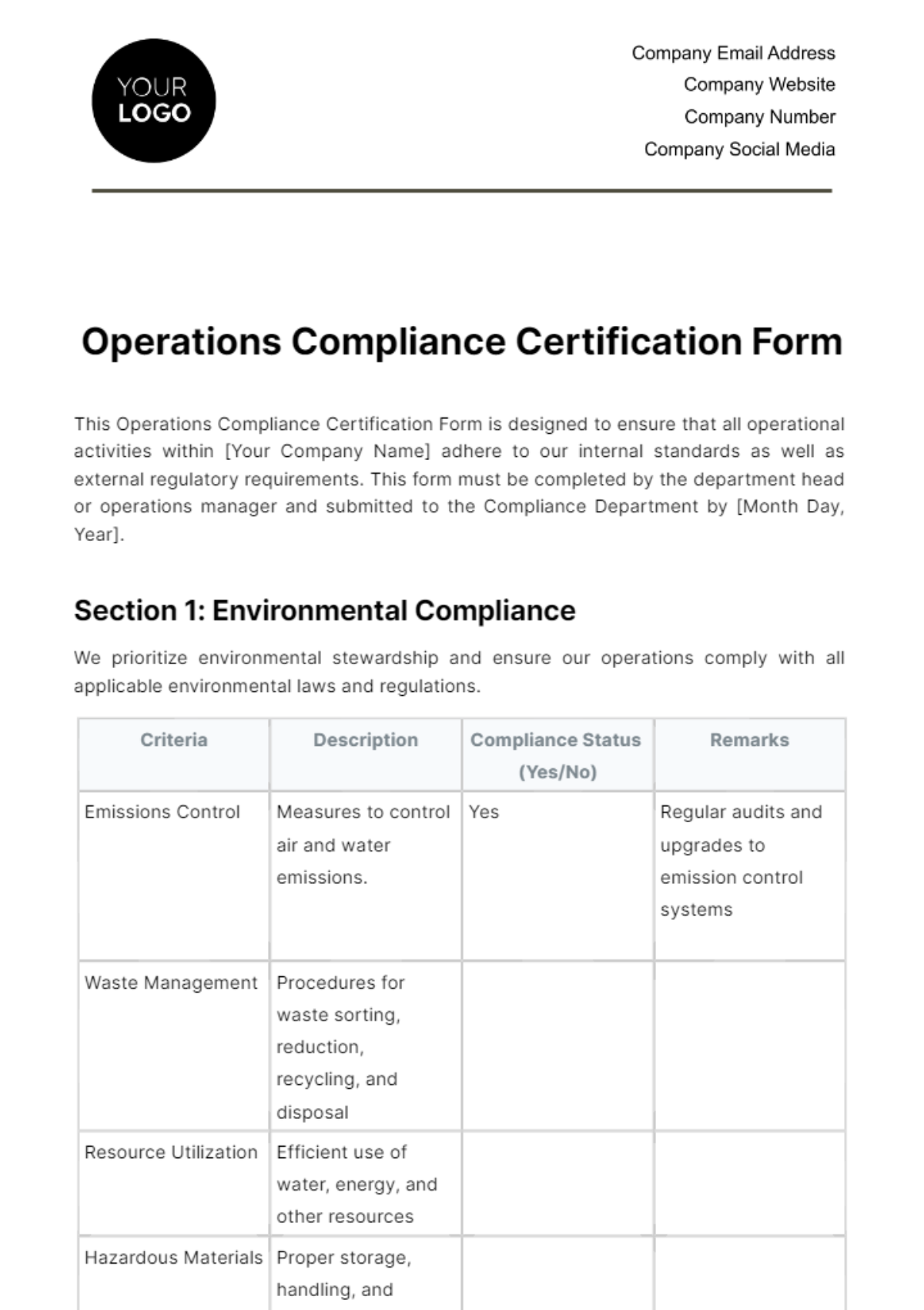 Free Operations Compliance Certification Form Template