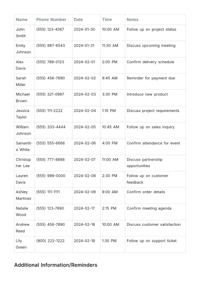 Free Call List Template to Edit Online