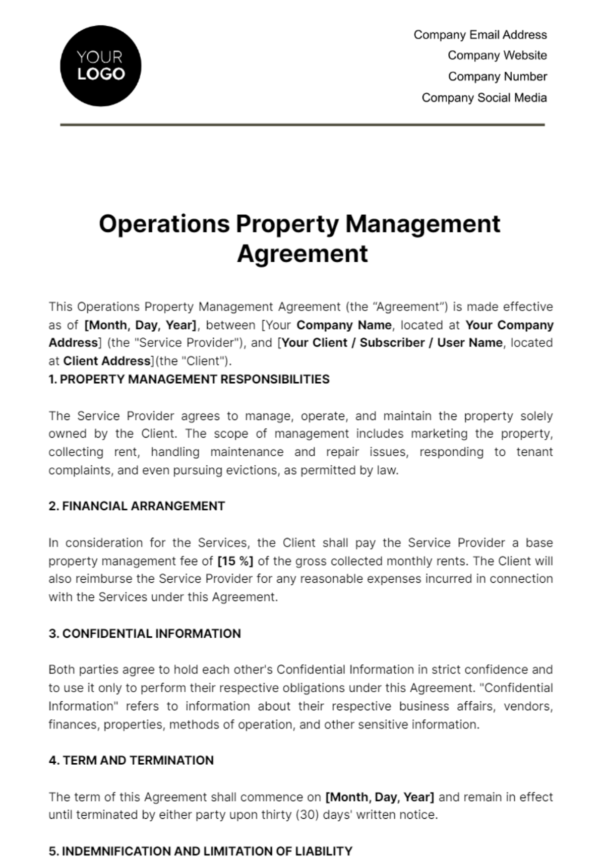 Operations Property Management Agreement Template